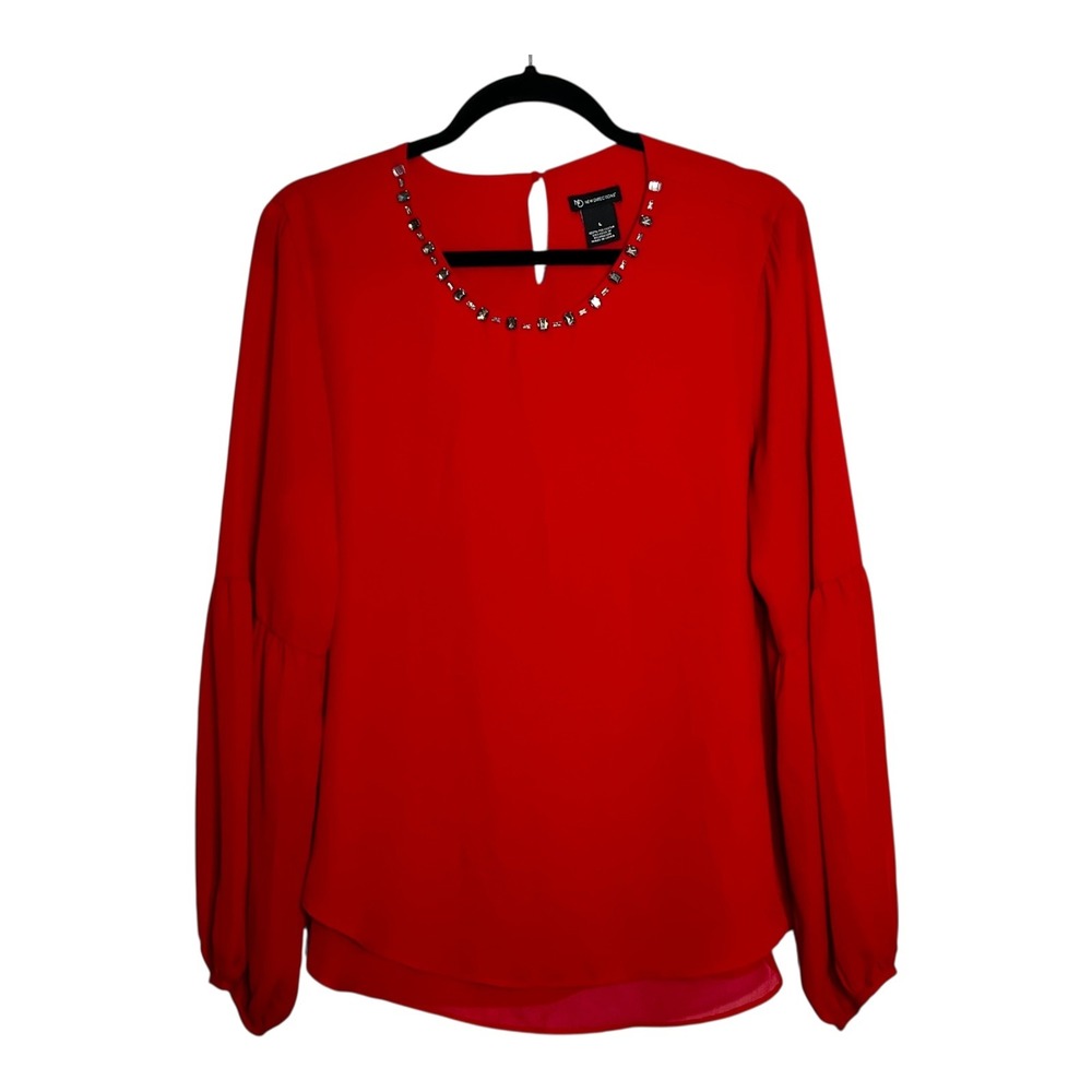 New Directions Womens Red Embellished Jewel Neck Bishop‎ Sleeve Blouse Size L - Picture 8 of 8